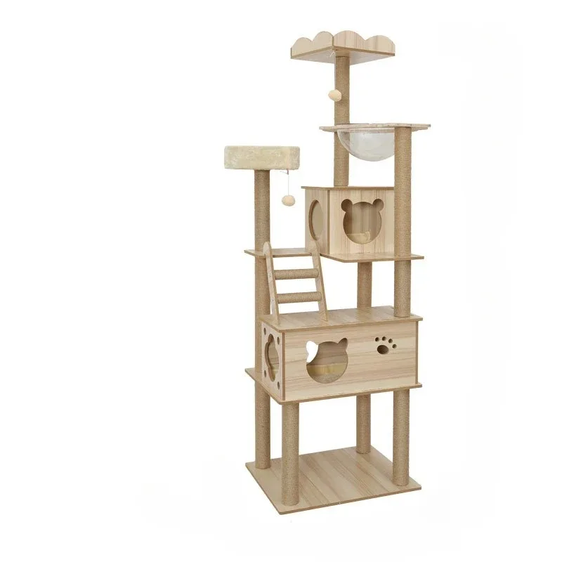 

Condos Wooden Cat Tower With Sisal Rope Cat Scratching Posts Plush Cloth Hammock Cat Climbing Frame