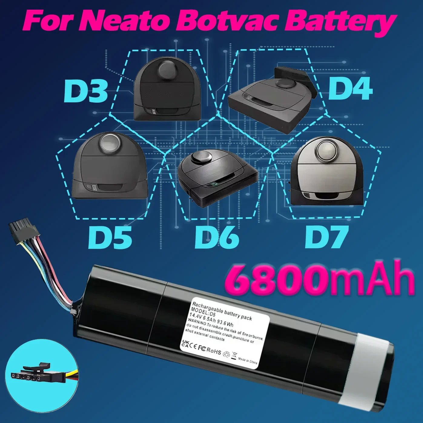 Replacement Battery For Neato D3 D4 D5 D6 D7 Robotic Vacuum Cleaners 14.4V 6500mAh Li-Ion Battery,Part Number: 945-0225
