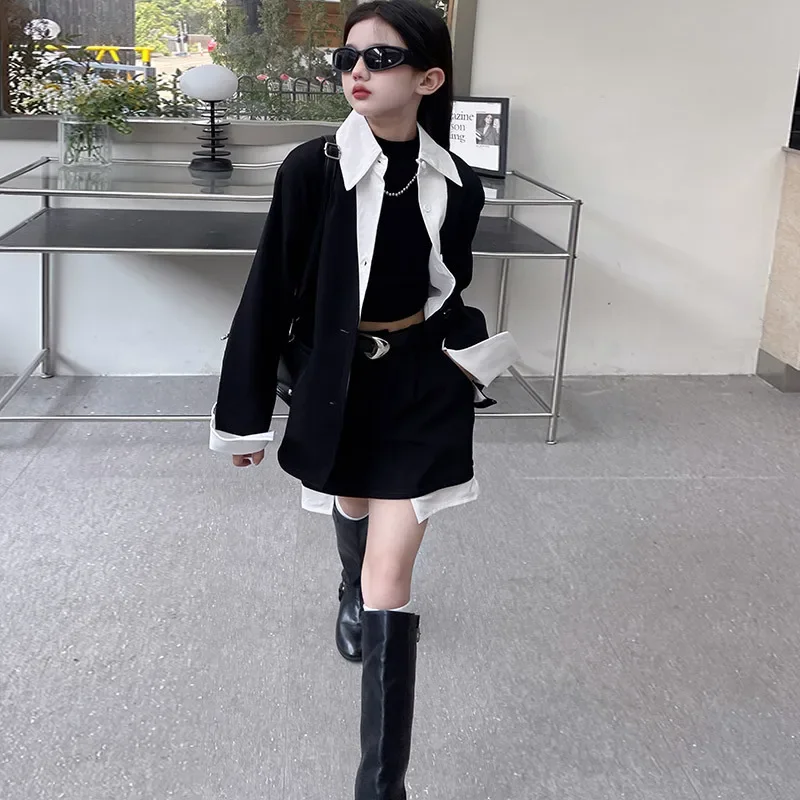 teen girl design suit set child casual vacation clothes outfits shirt splicing jacket half body skirt pants 2pcs junior kid suit