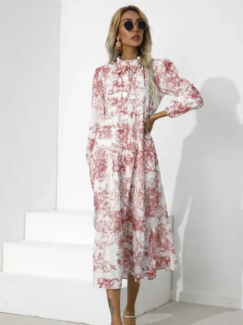 ربيع الخريف المرأة الجديدة جولة الرقبة المألوف المطبوعة طوق حزام فضفاض تسعة سنت كم طويل الأكمام فستان كاجوال BAQ7