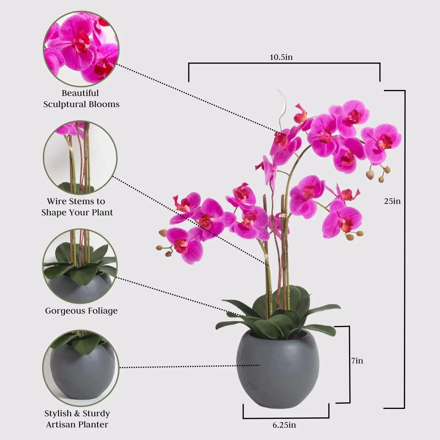 Faux Pink Orchid Plant, Premium Artificial Indoor Flower Display Stands 25-Inches with Beautiful Sculptural Blooms and Foliage T