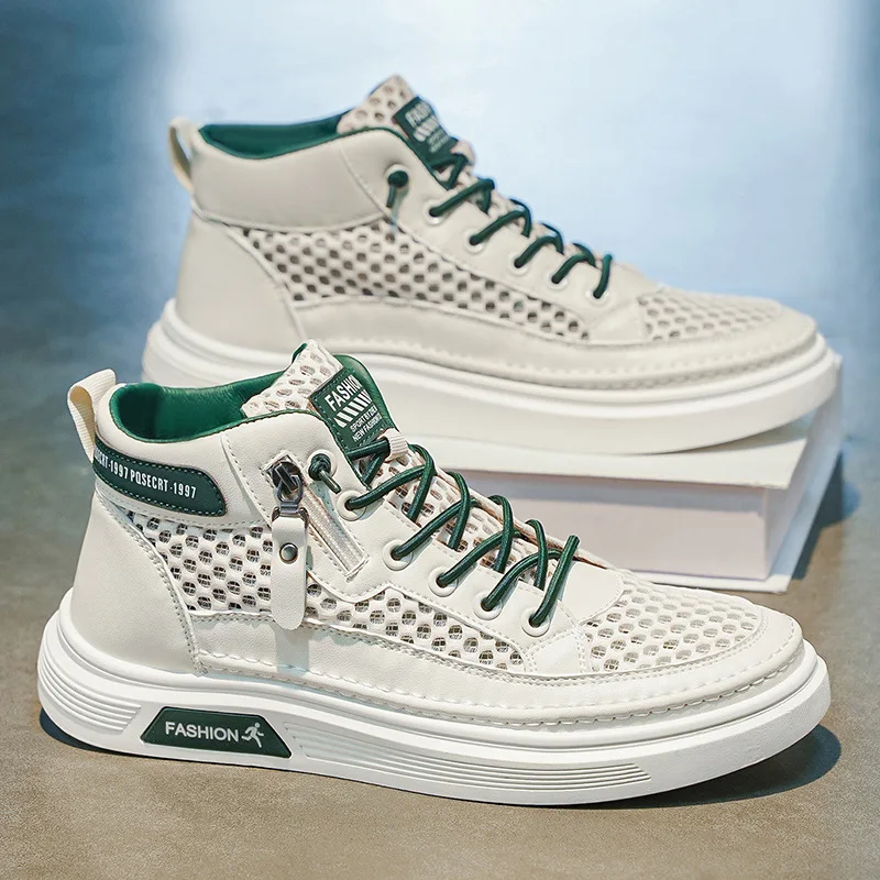 

2026 Men's Spring Hollow Mesh Breathable Thick Bottom Casual Versatile Anti Slip High Top Board Shoes