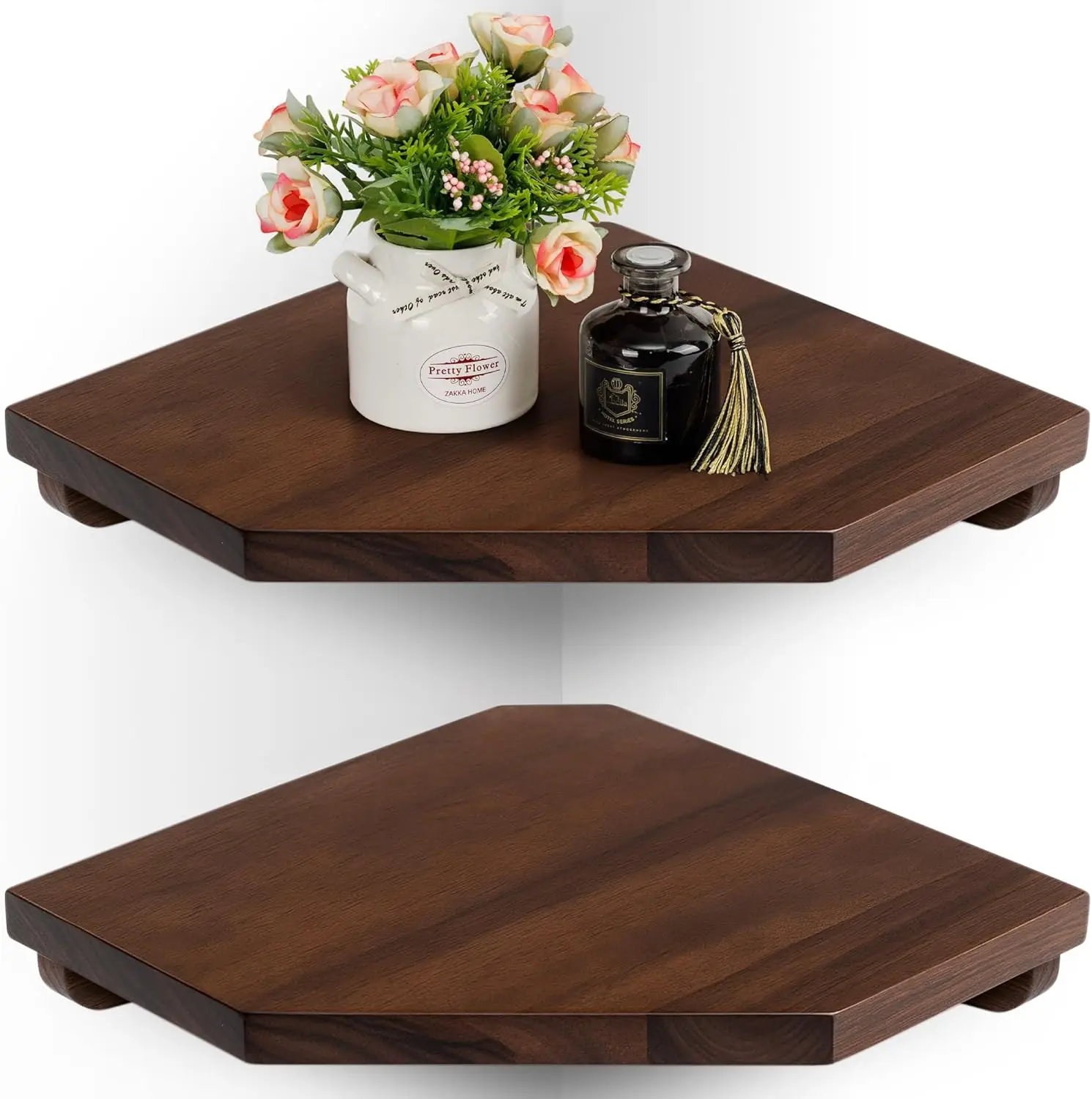 

[Upgraded] Hexagon Corner Floating Shelves Wall Mount (2pcs) – Solid Acacia Wood with Hidden Brackets & Cable Hole –
