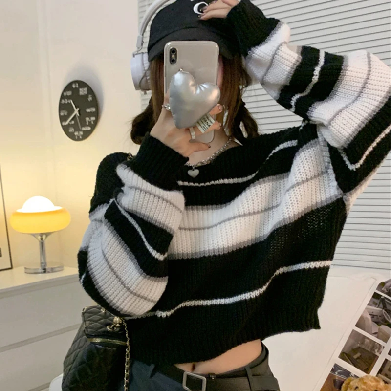 Women Striped Jumper Vintage Female Autumn Long Sleeve Casual Cropped Sweater