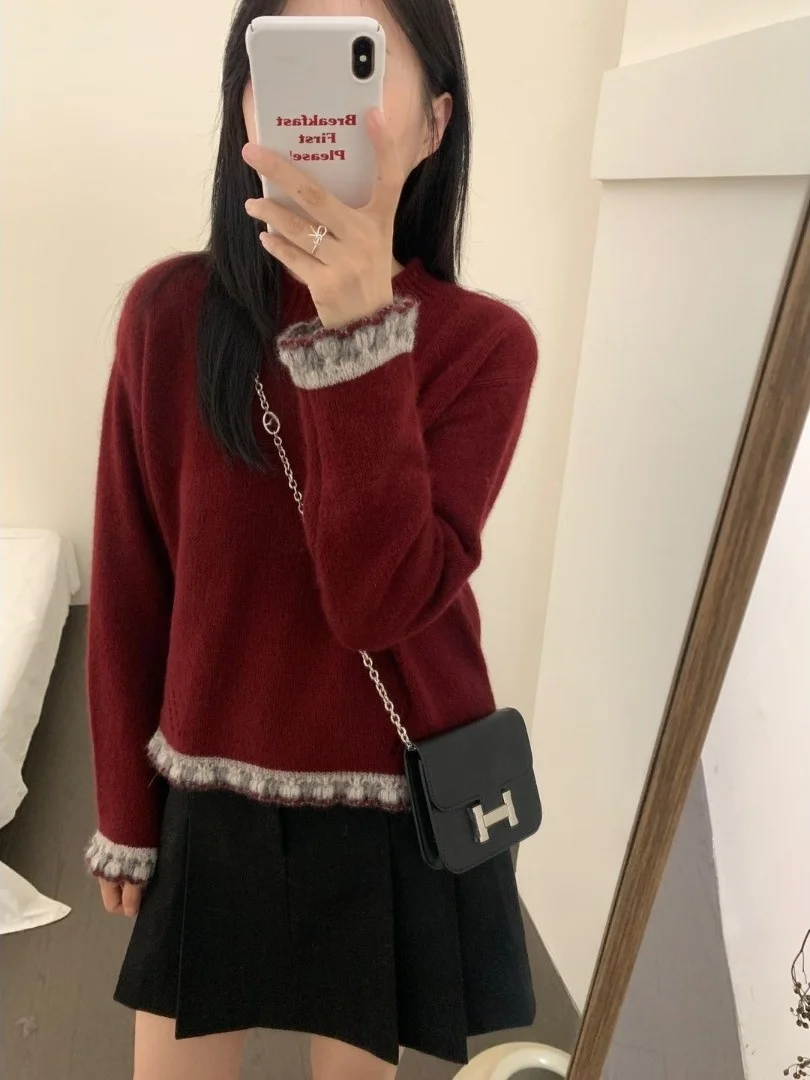 Chic Sweet Lazy Sle Spitze Strickoberteil Damen Herbst Winter Neues Design Einzigartiger Pullover Basis irt Loose Fit Long Sve rund...