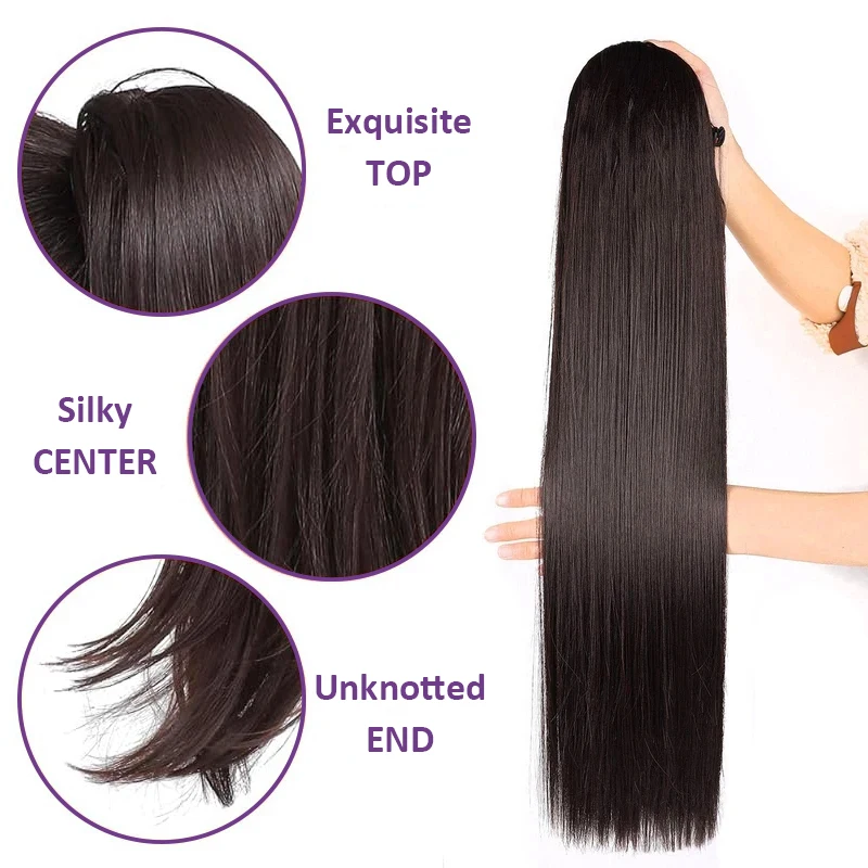 Longas extensões de cabelo rabo de cavalo para mulheres, extensão do cabelo humano remy, cor marrom escuro, cordão reto, #2, desgaste diário