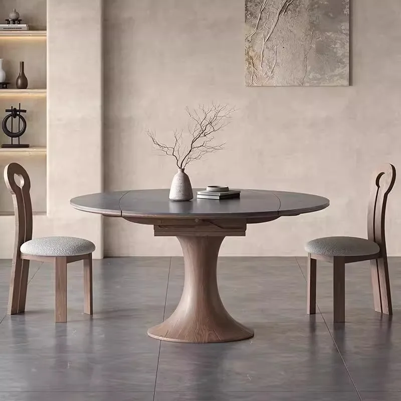 Retractable round solid wood rock slab dining table and chair combination household stretch table
