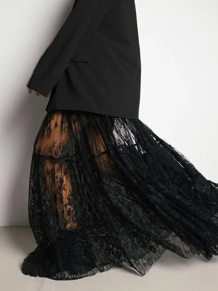 Mesh Sexy Lace Perspective Pleated Skirt Women Long Tulle High Waist Black Jacquard Skirts Lady 2024 Spring Summer Petticoat