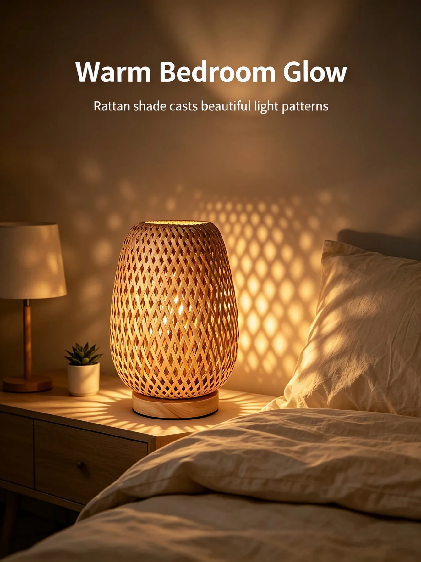 Wabi‑Sabi Rattan Desk Lamp Hand‑Woven Hollow Lampshade Wooden Base USB Warm Night Light Bedroom Bedside Decor Lamp