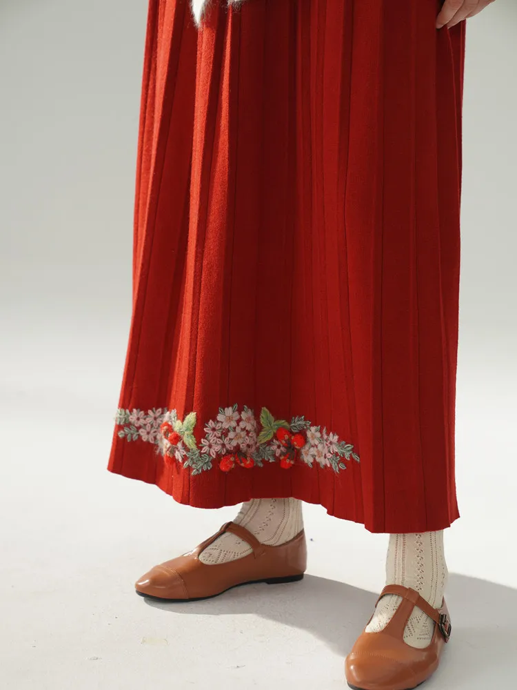 62-96cm Waist Fall Winter Red Skirts Women Elegant Handmade Embroidery Crochet Red Fruit Cashmere Wool Knitted Pleated Skirt