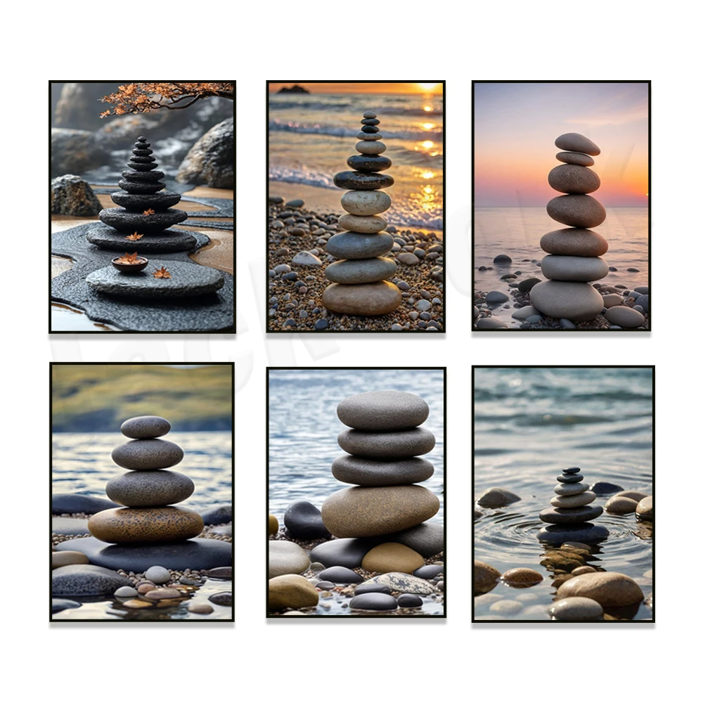 

Stacked zen stone art, beach pebbles stacked rocks relaxation sunny zen, mindfulness balance print, tranquility meditation poste