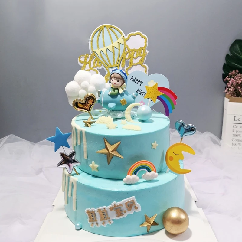 Resin Aircraft Baking Cake Topper Decorations Pilot Astronaut Cartoon Stars Clouds Hot Air Balloon Children's Birthday Supplies