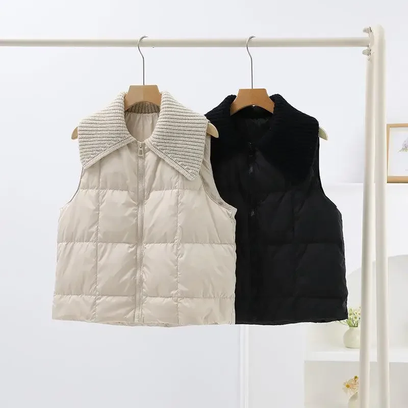 Warm Duck Down Vest Women's Knitted Large Collar Korean Style Fashionable Thermal Jacket Shoulder Pad Ultra Short Straight Tube