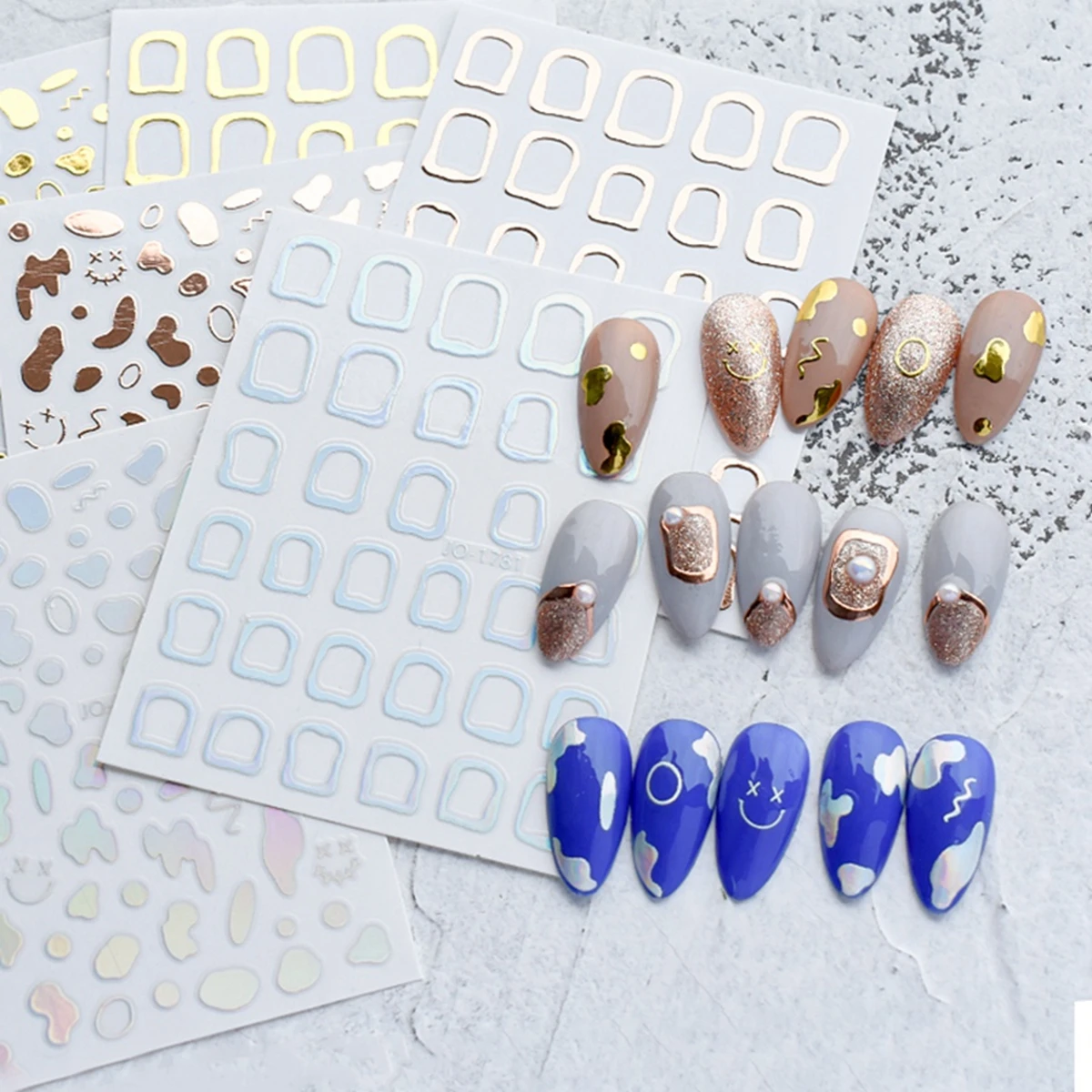 Hollow MetallicStickers For Nails Hot Stamping Silver Smiling Face Irregular Y2K-Style Design Nail Art Decoration Decals