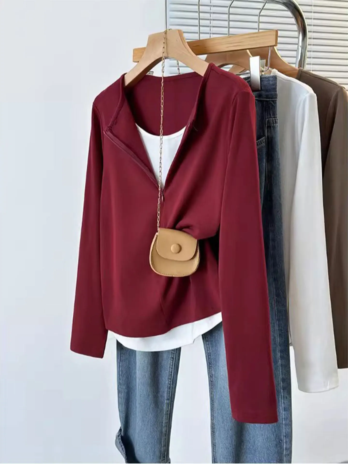 

Red Long Sve T-irt Women's Spring plus Size Cover Belly Slimming Illusion Two-Piece Casual Loose Fit High Waist Zipper