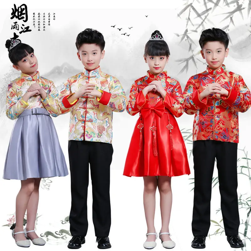 

Traditional Chinese Tang Suit Girls Princess Children Evening Formal Dress Kids Boys Hanfu New Year Festival Jackets Costumes