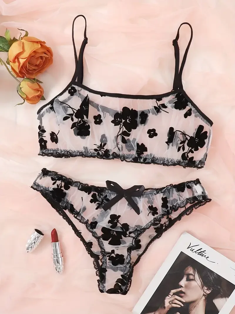 Sexy Floral Print Mesh Lingerie Set - Sheer Tulle Bra & Panties for Women - Seductive Underwear & Lingerie