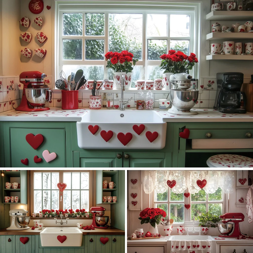 

Green Kitchen Background Photography Valentine's Day Red Rose Wedding Party Decoration Beige Vintage Wooden Cabinet Backdrop