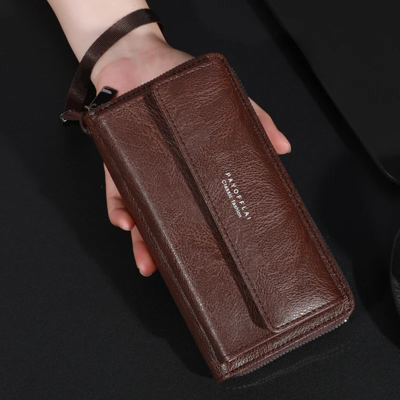 Men\'s PU Zipper Handbag Large Capacity Long Wallet Clutch Bag Phone Bag Multi Card Card Holder Coin Purse Wallet Double Layer