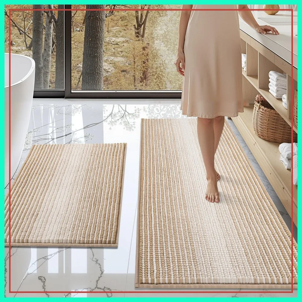 

2 Piece Thick Chenille Bath Mat Set, Non Slip, Soft Shaggy, Machine Washable, 20"x47" & 16"x24", Beige