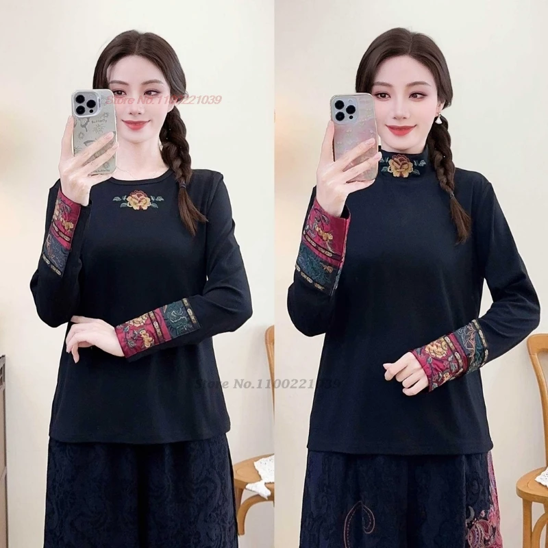 

2025 traditional chinese vintage folk shirt national flower embroidered ethnic stand collar shirt hanfu tops retro base shirt