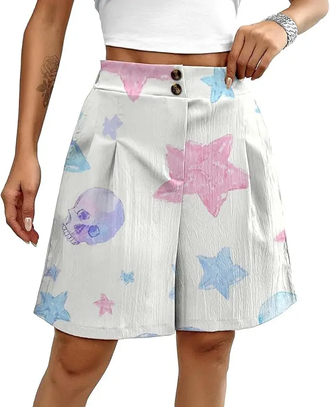 

Women's Loose Shorts, Bohemian Casual Summer Shorts, Floral Print, Stretchy High Waist, Comfortable Wide Leg Shorts