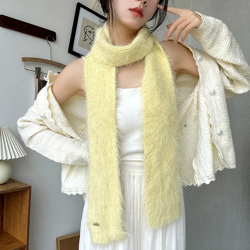 Korean Y2K Long Warm Mink Fur Scarf Plush Warm Knitted Shawl Fashion Imitation Skinny Scarves