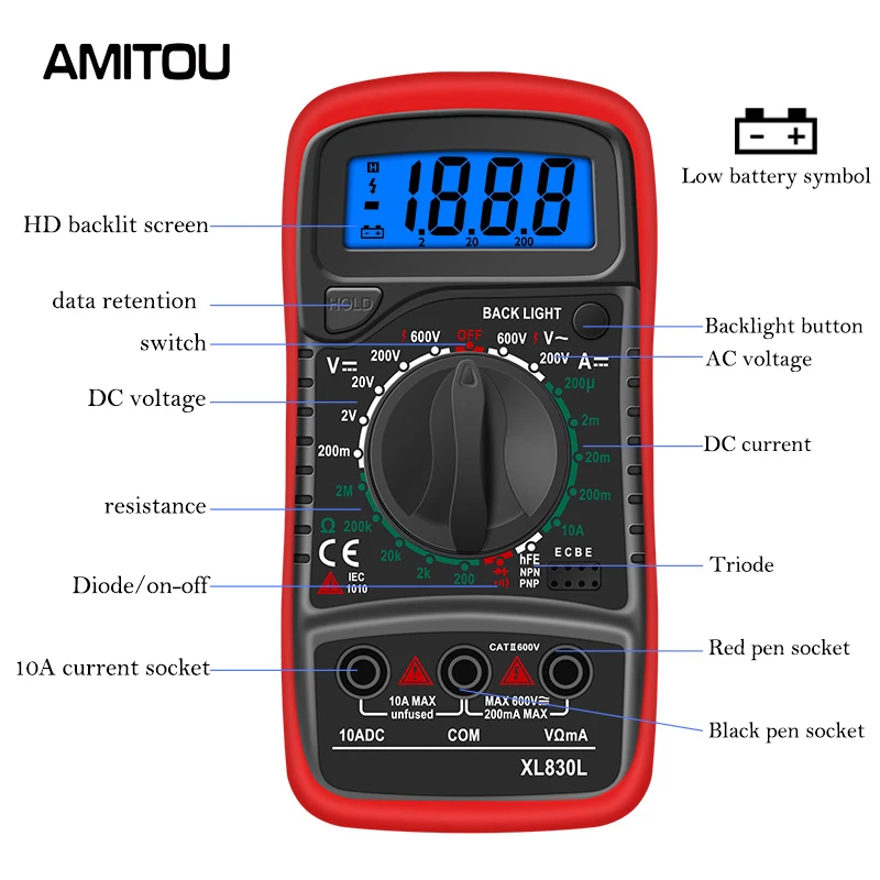 AMITOU 1999 Counts Multímetro Digital Profissional AC/DC Current Voltage Tester Capacitance Ohm Diode Meter with LCD Backlight