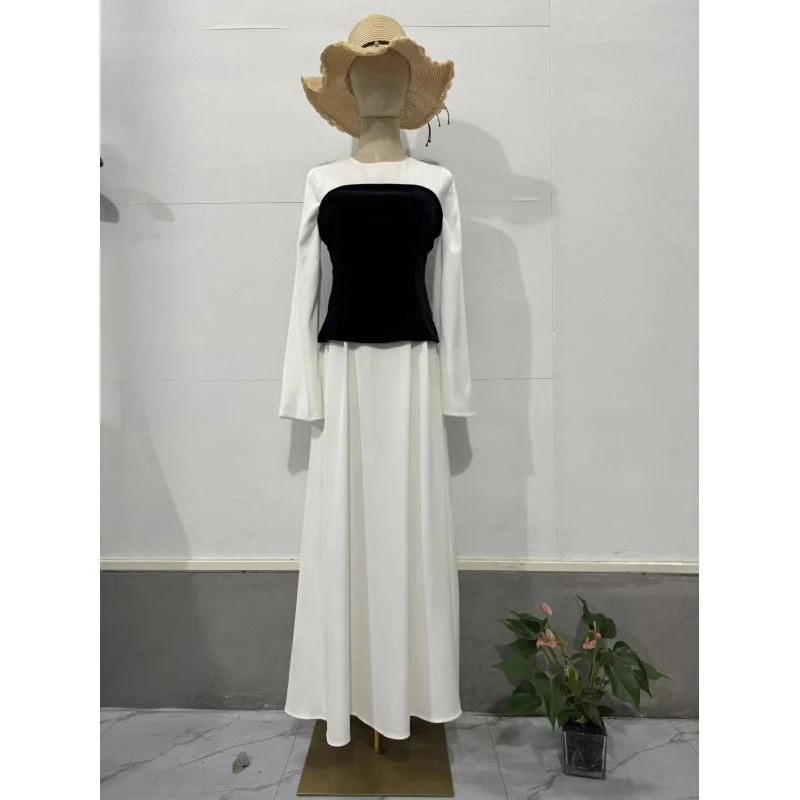 2025New أبيض وأسود المرقعة تصميم الخصر مقصوص التخسيس فستان طويل المرأة