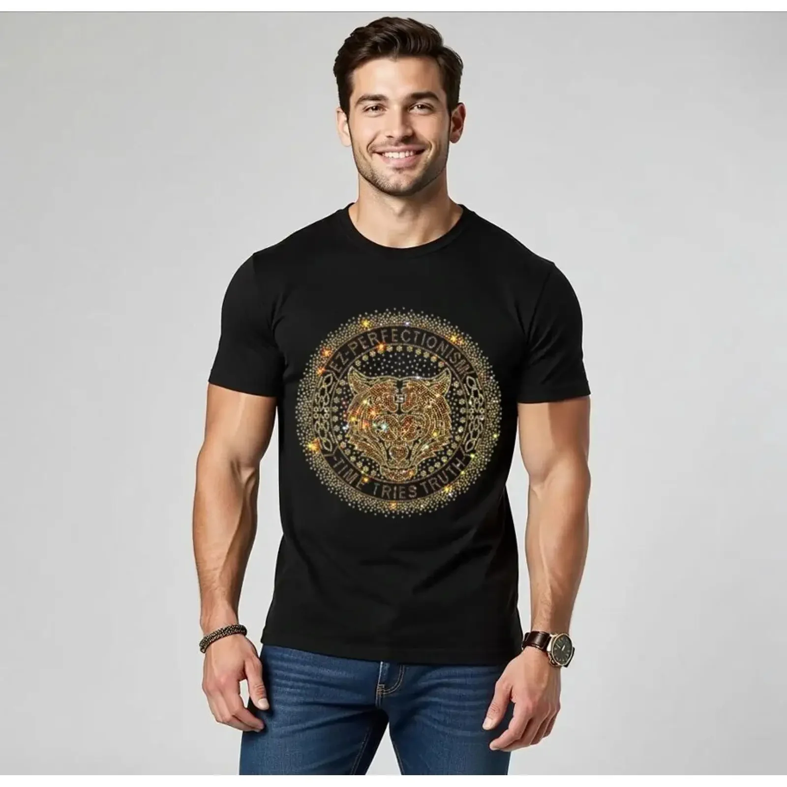 New Men Luxury Tiger Rhinestones Fashion Black White T Shirt High Quality vintage Washed streetwear homme Top For Everyday Wear