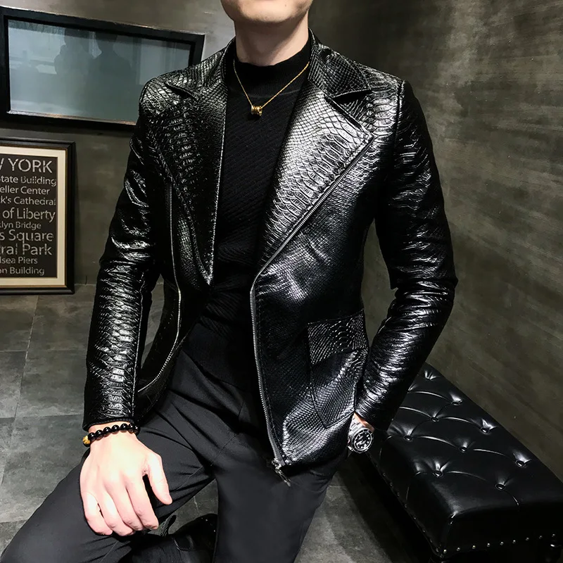 New Crocodile Patterns Leather Jacket men\'s solid lapel Slim Fit PU Coats Casual Blazer Leather Jacket Motorcycle Outwear