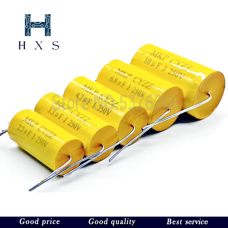 2pcs MKP yellow round axial 250v1/2.2/3.3/4.7/6.8/10uf electrodeless tweeter through capacitor