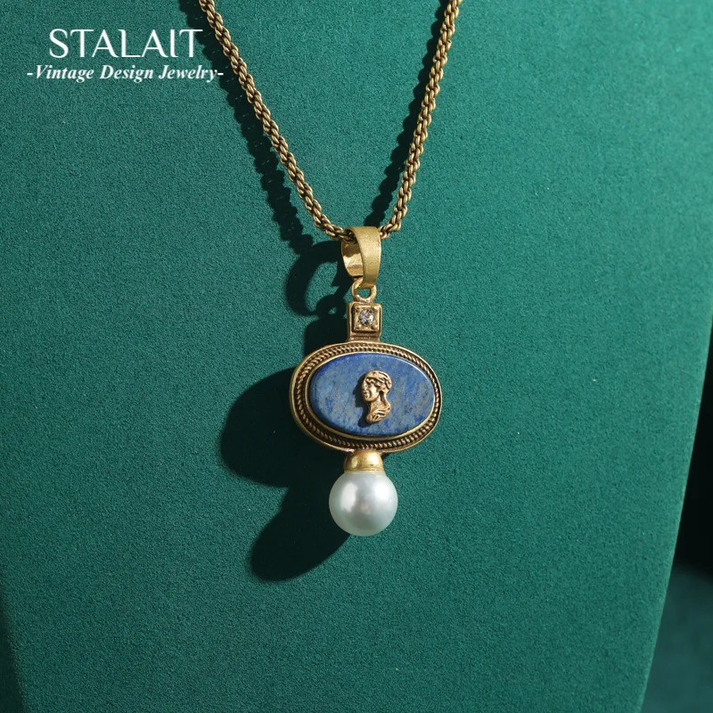 

Vintage Lapis Lazuli Pendant Necklace Gold Color Carved Beauty Portrait Chain Wedding Pearl Luxury Designer Valentine Day Gift