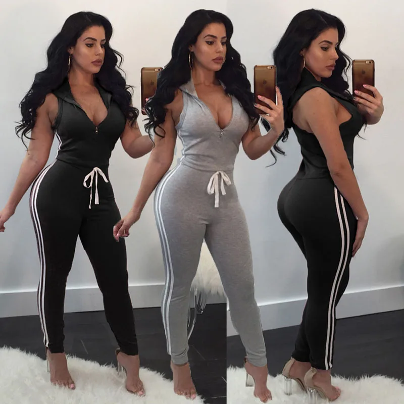 Damskie głębokie dekolt w serek obcisłe kombinezony w paski na co dzień Zipper Work Out długie kombinezony bez rękawów szare Bodycon pajacyki treningowe