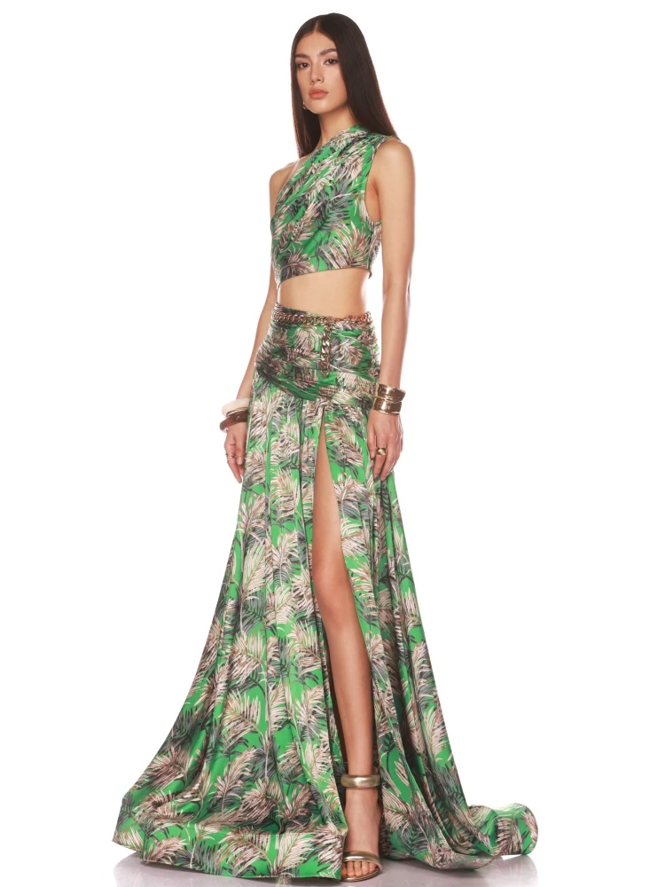 Women Green Printed Skirts Two Piece Sets Women One Shoulder Top + Folds Split Long Chian Skirt Suits Beach Evening Party Set