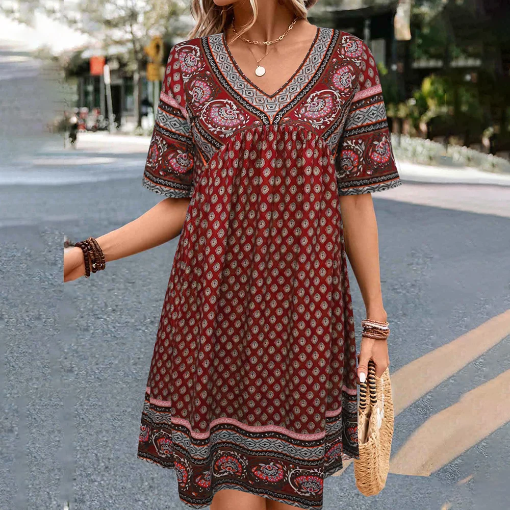 M L XL Vintage Dress for Women Clothing 2024 Summer Short Sleeved Printe Bohemian Beach Holiday Dress Female Slim Fit Mini Skirt