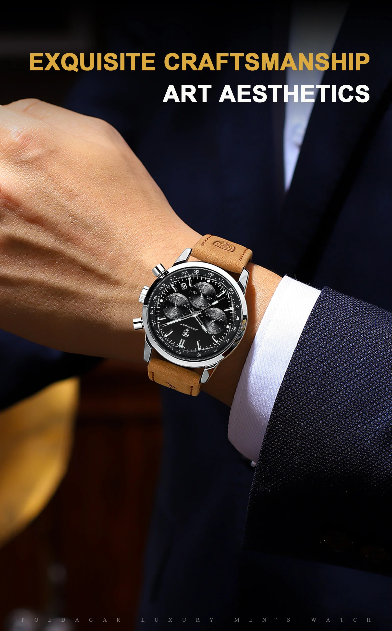 POEDAGAR Modische Herrenuhr Wasserdicht Leuchtend Leder Casual Herren-Armbanduhr Chronograph Hochwertige Herren-Quarzuhren Reloj – Detail 14