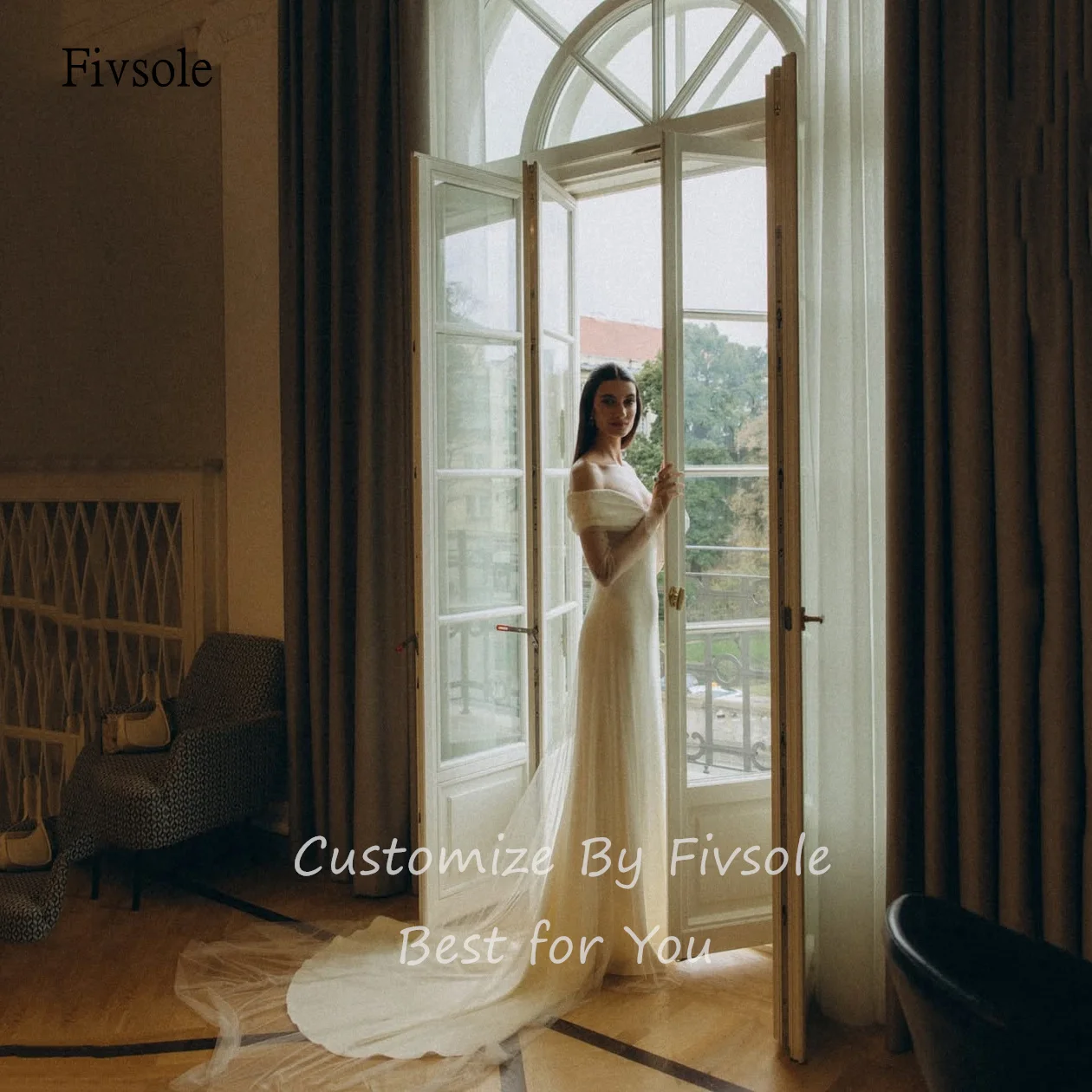 Gaun Pengantin Fivsole Elegan Model Off Shoulder Mermaid Tanpa Punggung dengan Mesh, Ekor Panjang, Gaun Pengantin Panjang Menyentuh Lantai, Dapat Dipesan Sesuai Ukuran