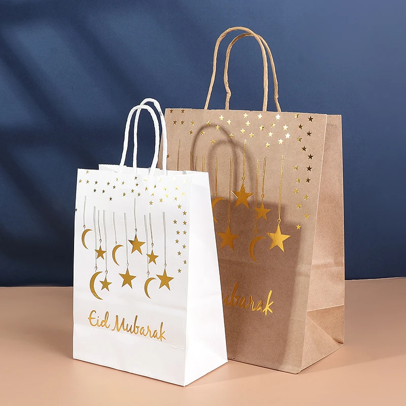 

5pcs Eid Mubarak Candy Bags With Handles Ramadan Kareem Kraft Paper Tote Bags Cookie Snacks Packaging Storage Pouch Party Favors