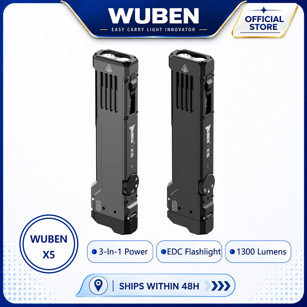 WUBEN X5 Rechargeable 1300LM Bright EDC Flashlight, 6 Modes with White LED, UV & Green Light, Tactical Clip, IP65 Waterproof