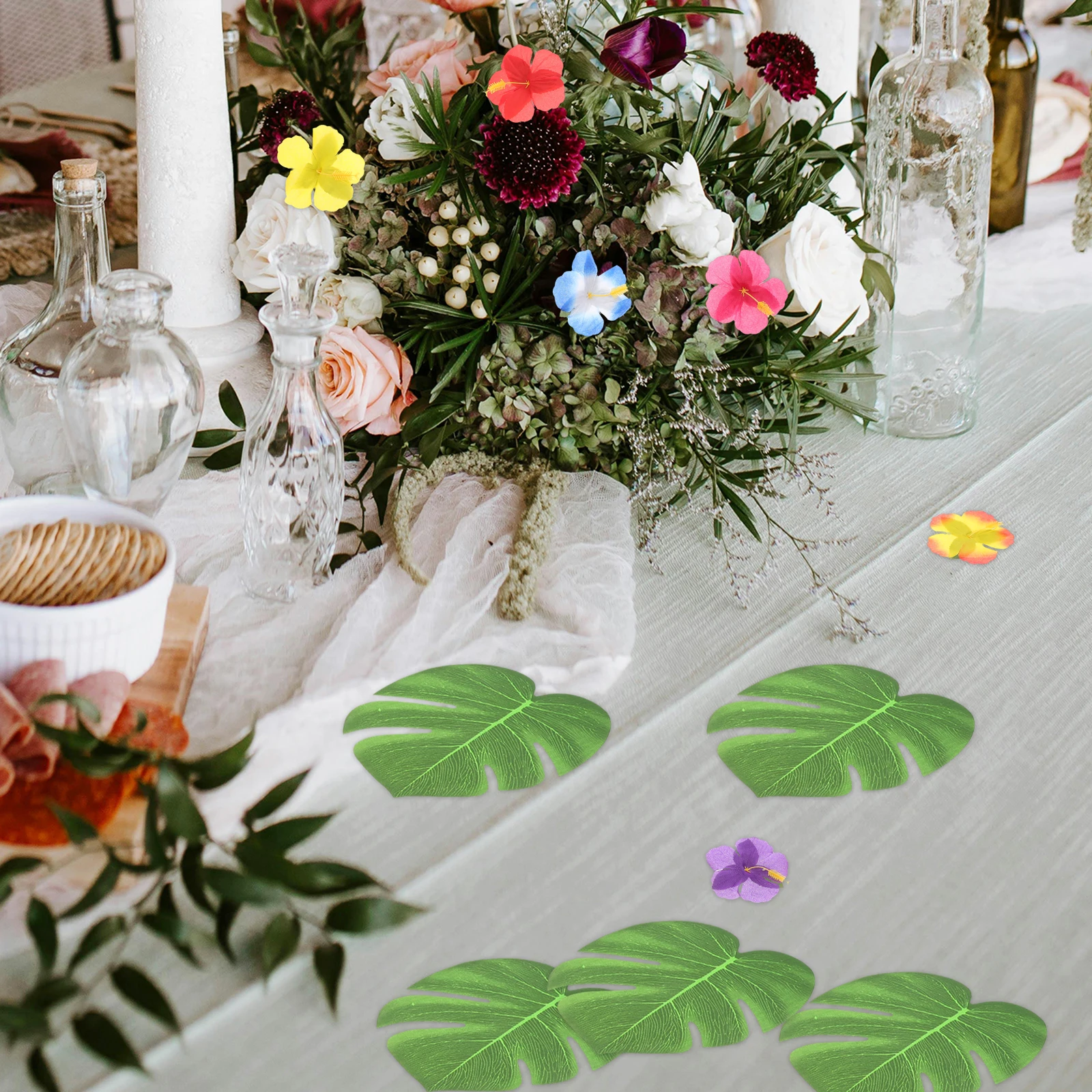 

1 set Artificial Leaves Plumeria Flowers Hawaiian Party Decor Indoor Outdoor Birthday Weddings Jungle Theme Tropical