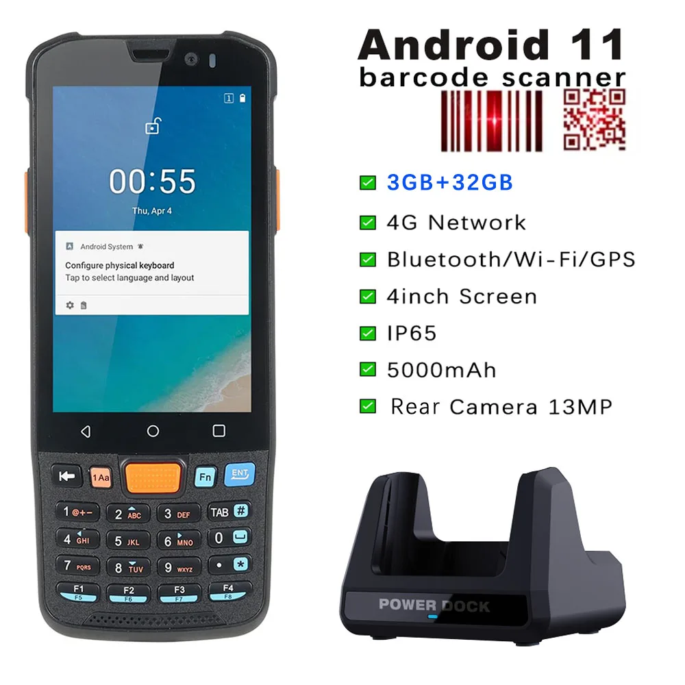 Android 11 Rugged PDA 4G Lte Handheld Terminal Wireless Wifi with Cradle 2D Barcode Scanner Warehouse Inventory 3G+32G