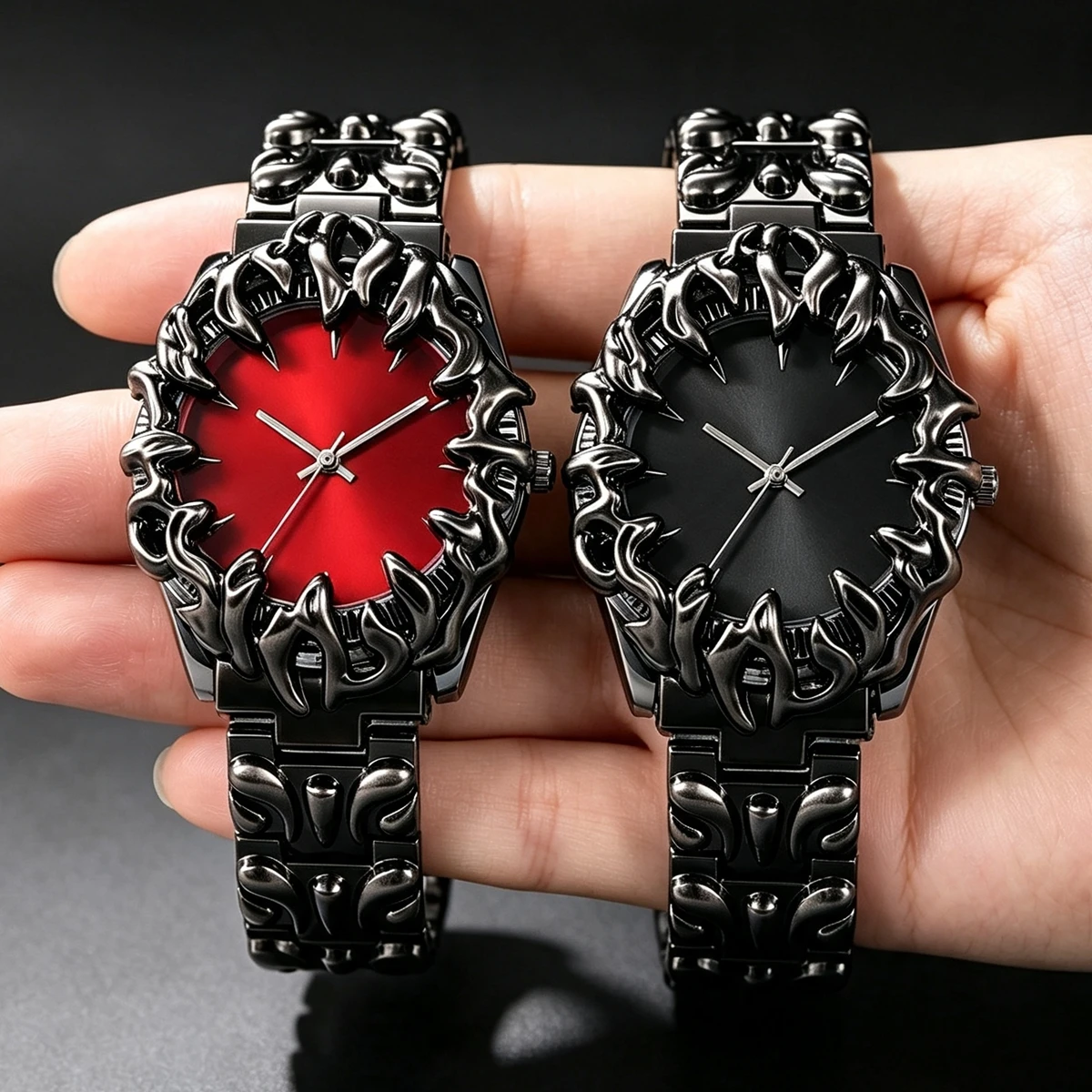 Vintage Punk Flame Bezel Quartz Watch Men Women Matte Black Steel Band Analog Wristwatch Street Fashion Matching Couple Watches