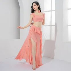 Belly Dance Costume Set for Women Lotus Leaf Ribbon Oriental Dance Training Dresses Clothing Mesh Practice Suit Class Uniform