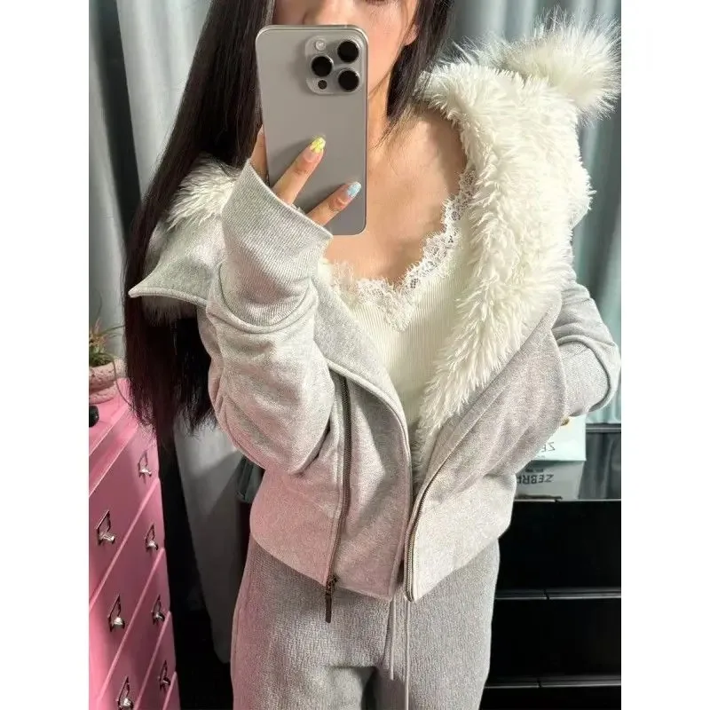 

Флисовая короткая толстовка с большим меховым воротником, женская зимняя теплая куртка 2024, тонкий кардиган с хлопковой подкладкой, новый стиль