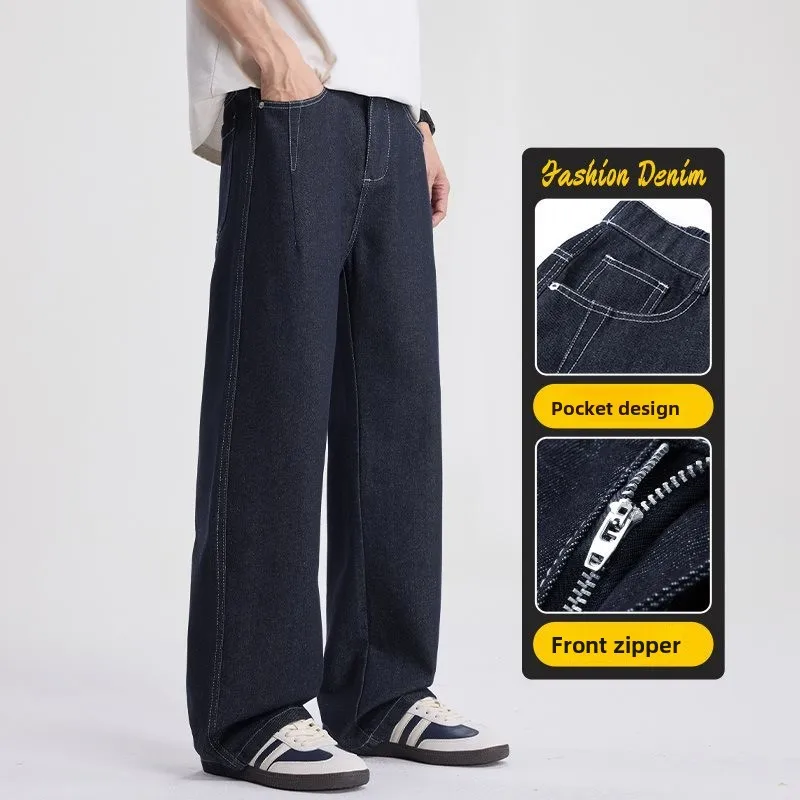

New 2026 Spring Summer Men's Loose Comfortable Straight Leg Jeans Casual Cotton Blend Fabric Low Waist Zipper Opening