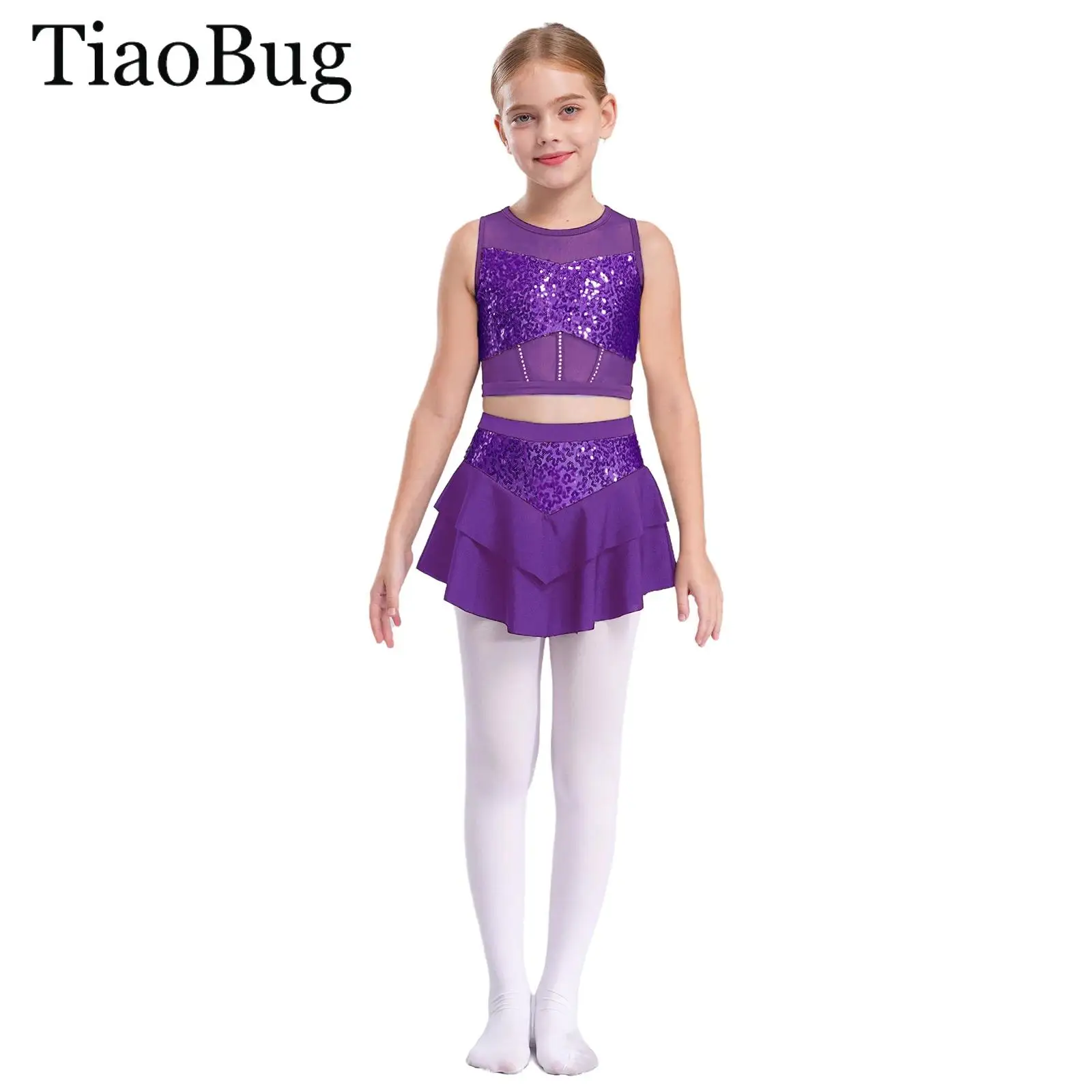 Girls Hip Hop Jazz Dance Costume Sleeveless Cutout Sheer Mesh Shiny Sequins Crop Top with Tiered Skirt Cheerleading Dan