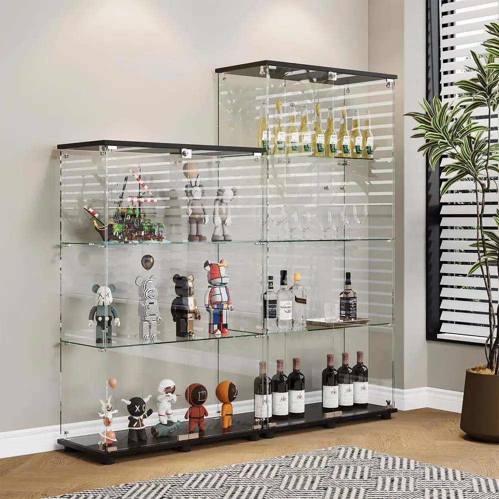 Display Cabinet with 4Shelf Double Doors and Lock, Curio Cabinet 5mm Tempered Glass Floor Standing Bookshelf for Living Room, B - view 4
