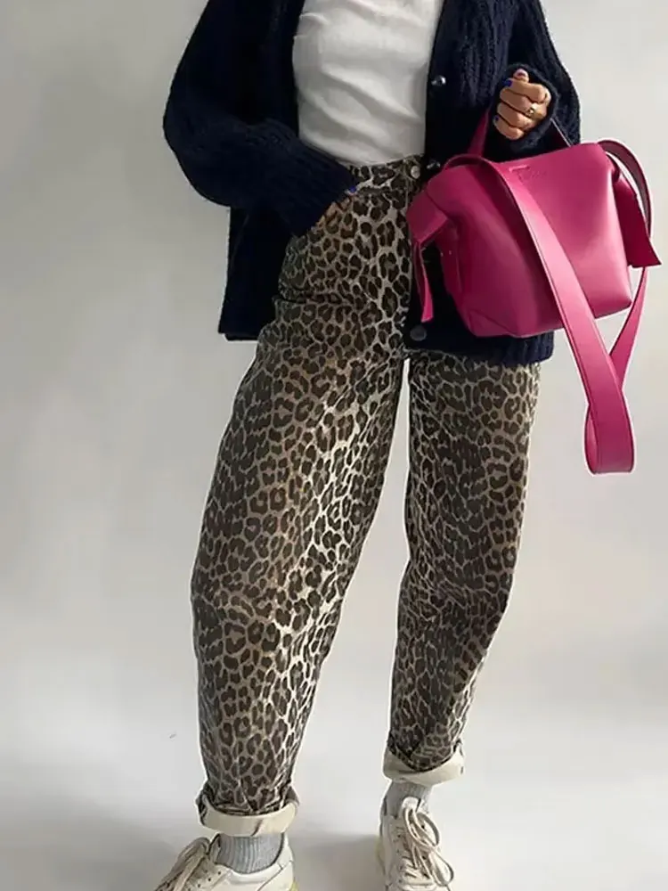 HH 2024 Female Summer Vintage Straight Pants Chic Street Bottoms High Waist Leopard Print Zipper Fly Wide Leg Trousers