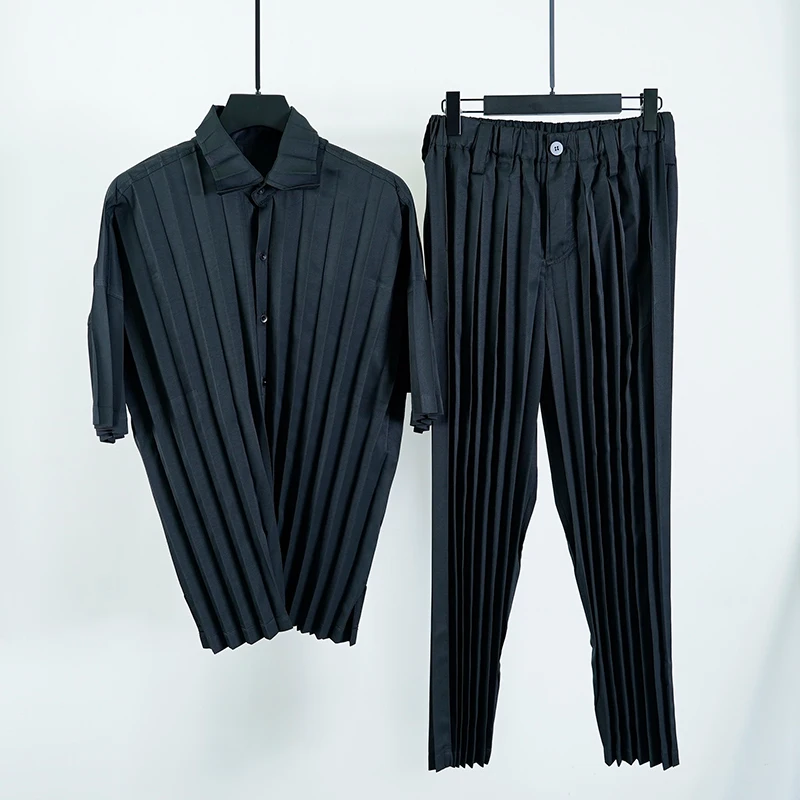 

Miyake Wrinkle-Free Pleated Men's Suit New Fall Pleated Blouse Cardigan Trousers Set Niche Designer Fashion Men Clothing Office